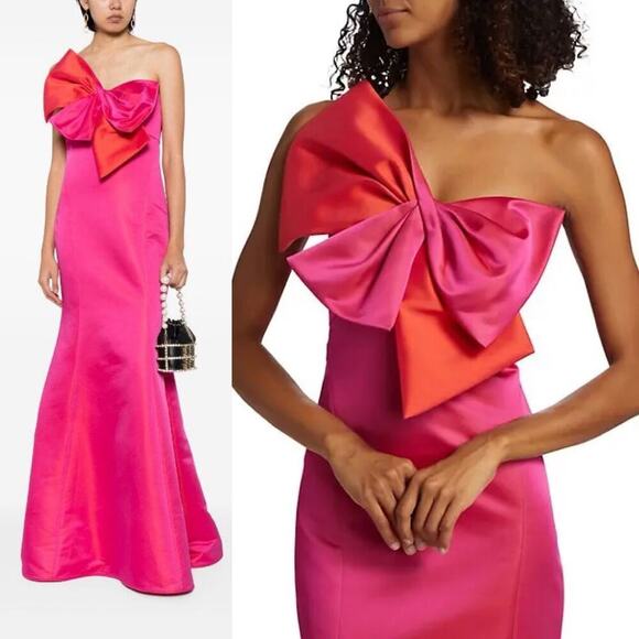 NWT Amsale Coral Fuchsia Duchess Satin Oversize Bow One Shoulder Gown size 10 - Picture 1 of 12